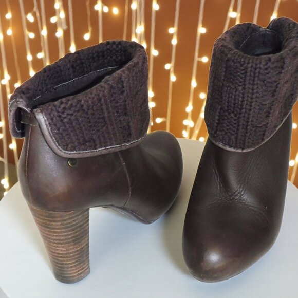UGG Women’s Brown Leather Knit Cuff Heeled Ankle Boots - Picture 3 of 5